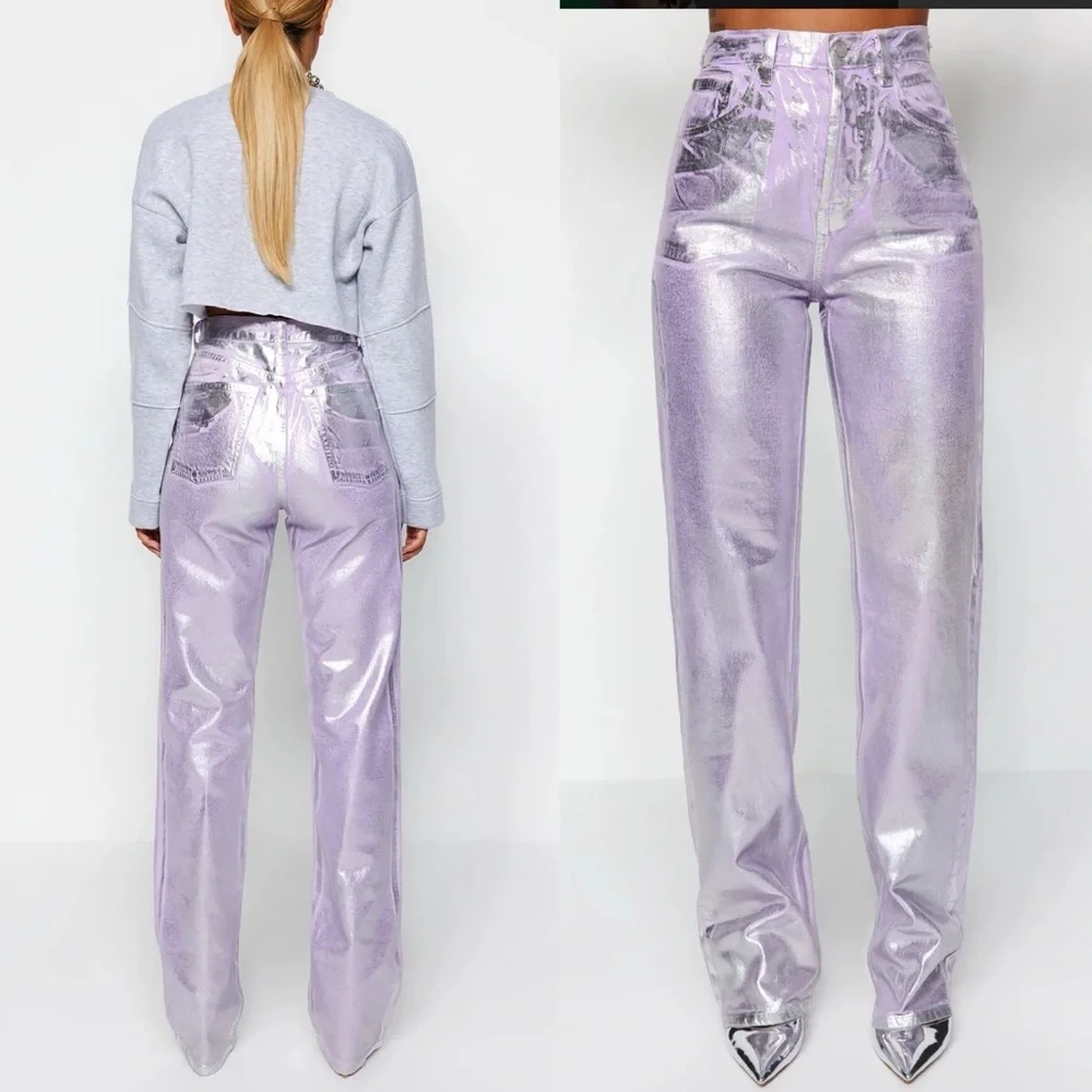 Trendyol Collection Women's Lilac Shiny Metallic Printed High‎ Waist Wide Leg 34